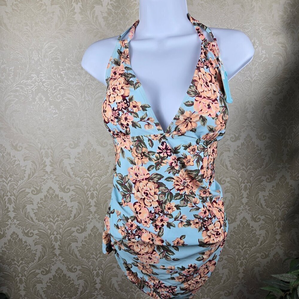 Summer Mae Size XL Tankini Top Blue Peach Green Red Floral Halter Style NWT